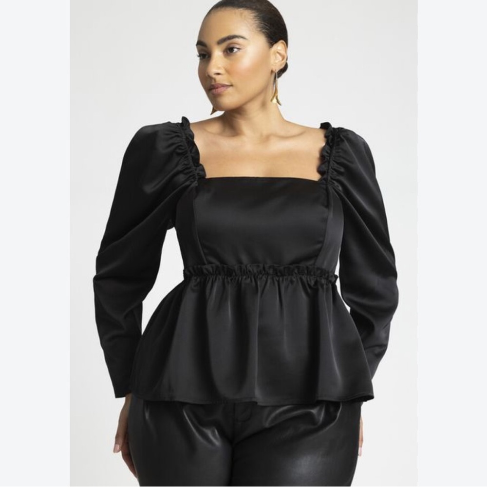 Eloquii Black Satin Square-Neck Peplum Blouse 18